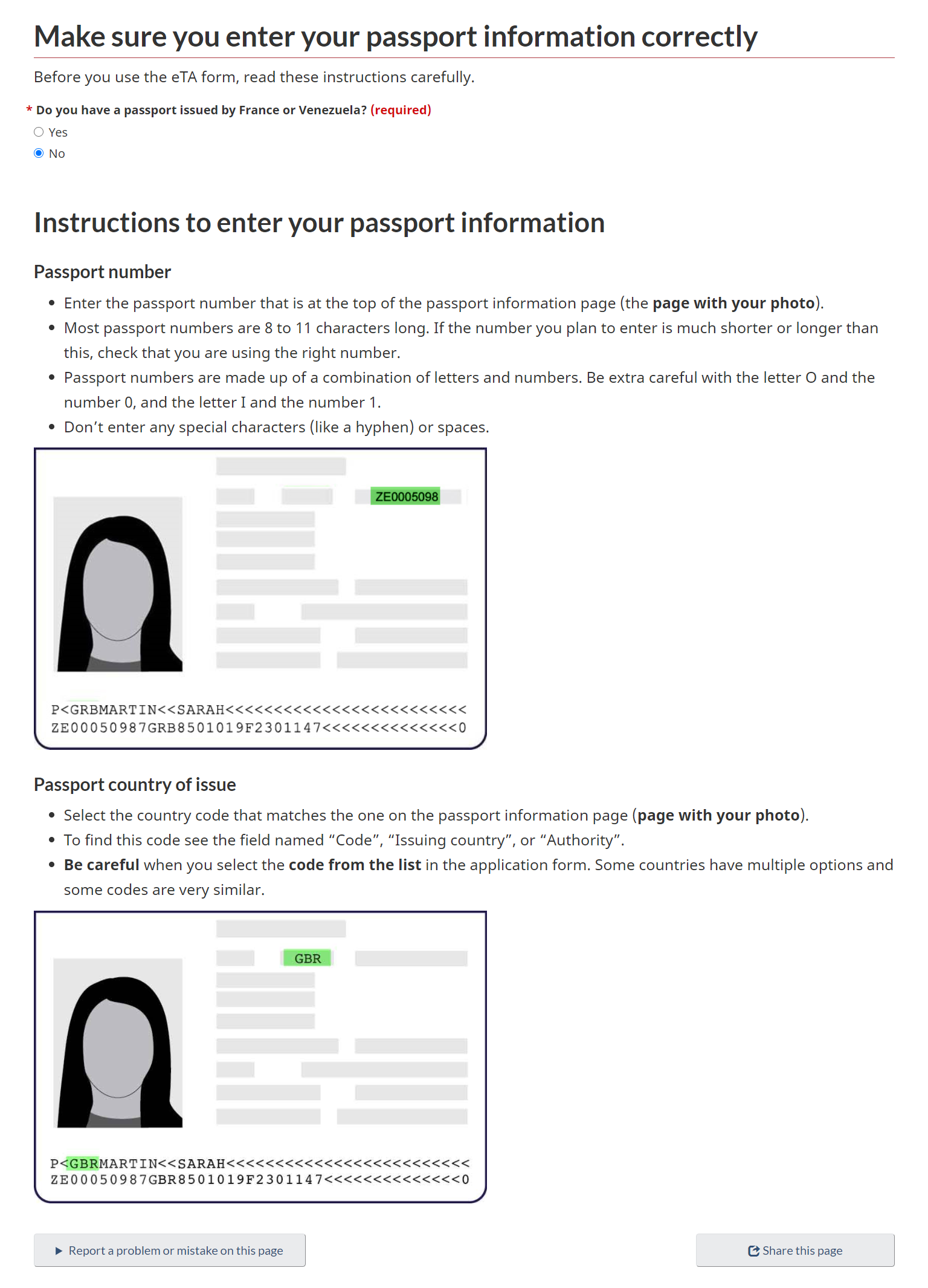 Instructions to enter your passport information