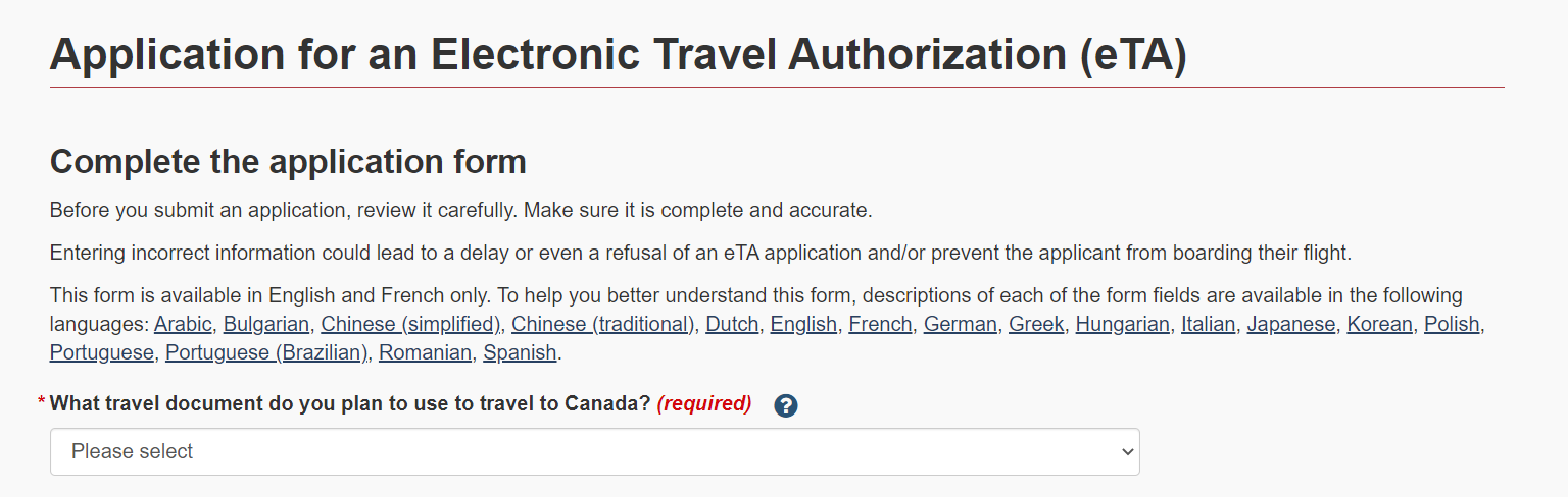 Application for an Electronic Travel Authorization (eTA)