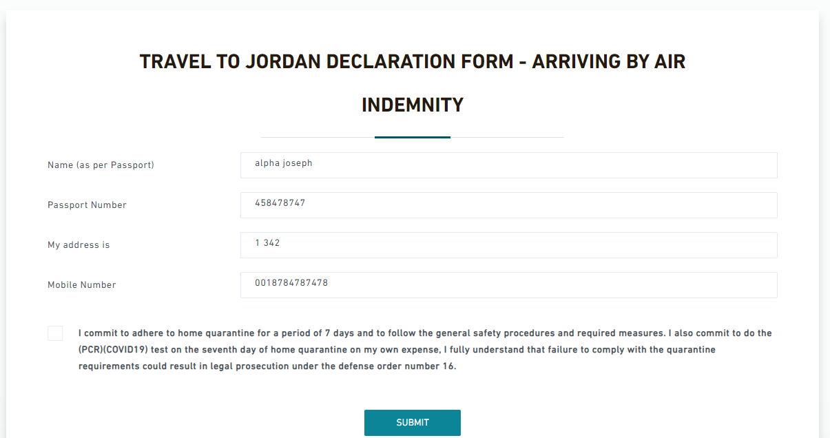 Travel to Jordan Declaration Form - Arriving by Air