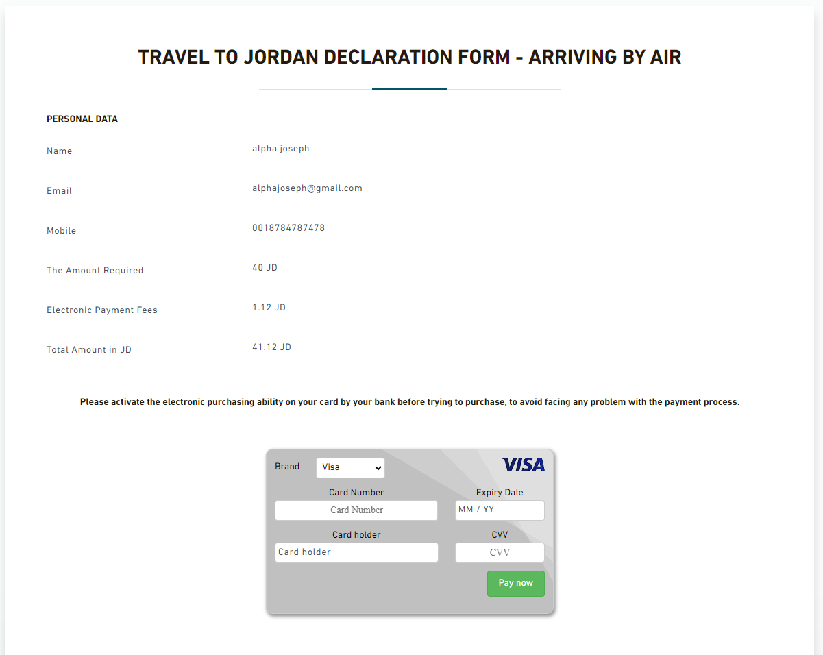 Travel To Jordan Declaration Form