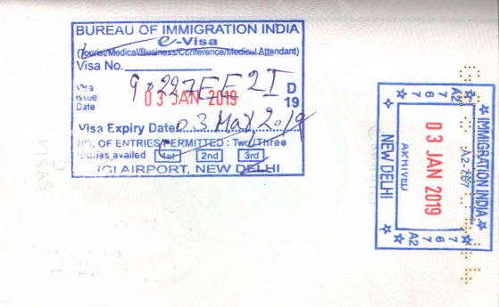 Visa passport stamp by immigration on the Delhi airport