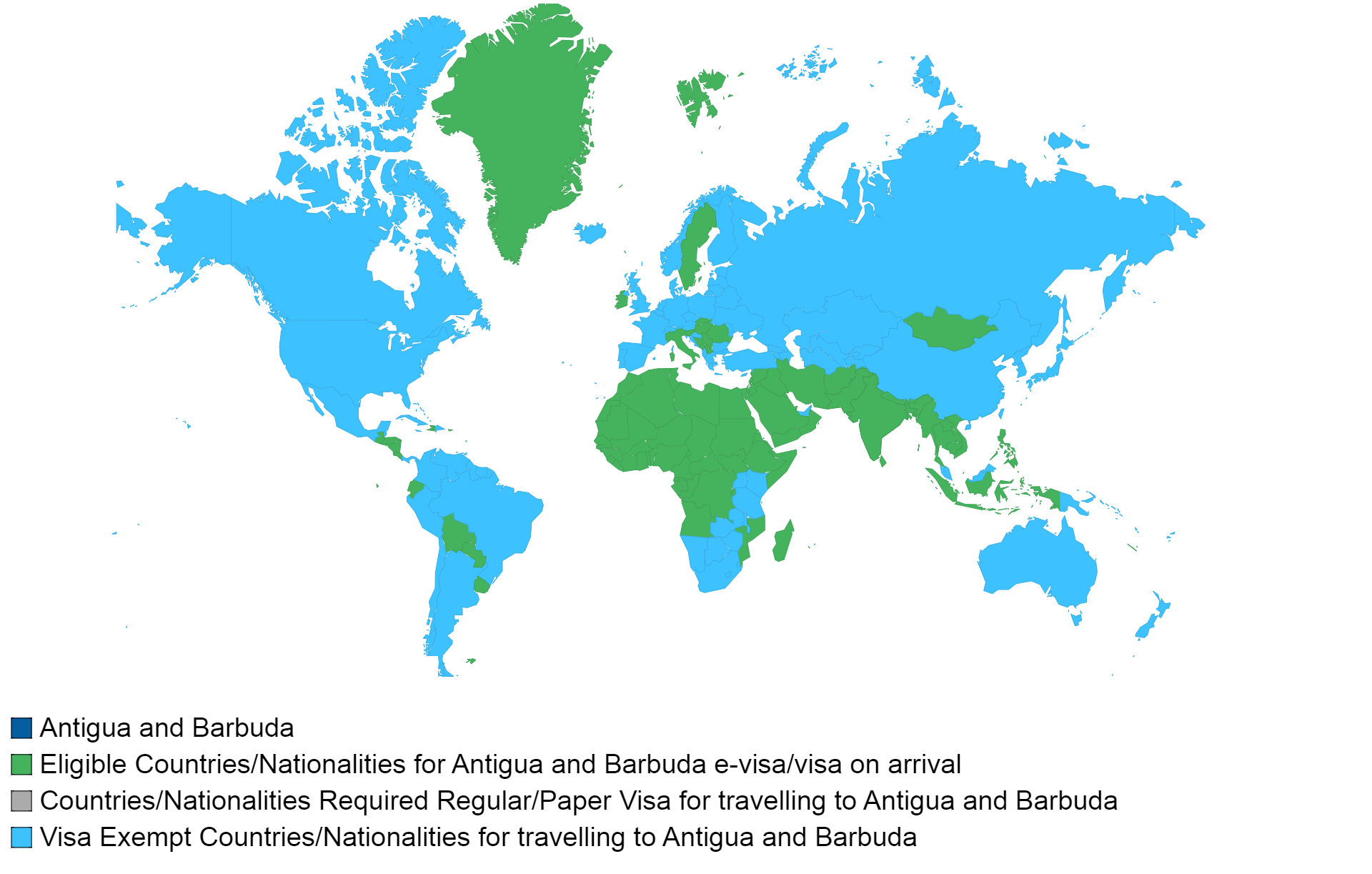 Antigua and Barbuda visa policy map.