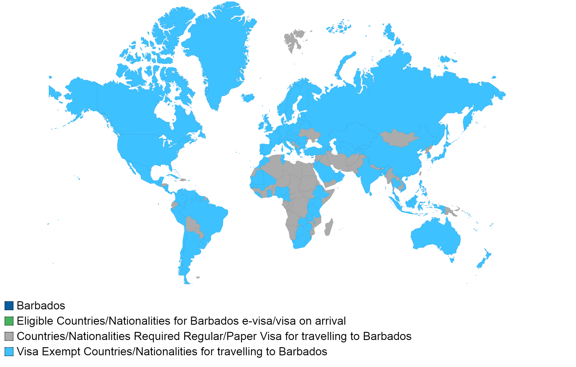 Barbados visa policy map.