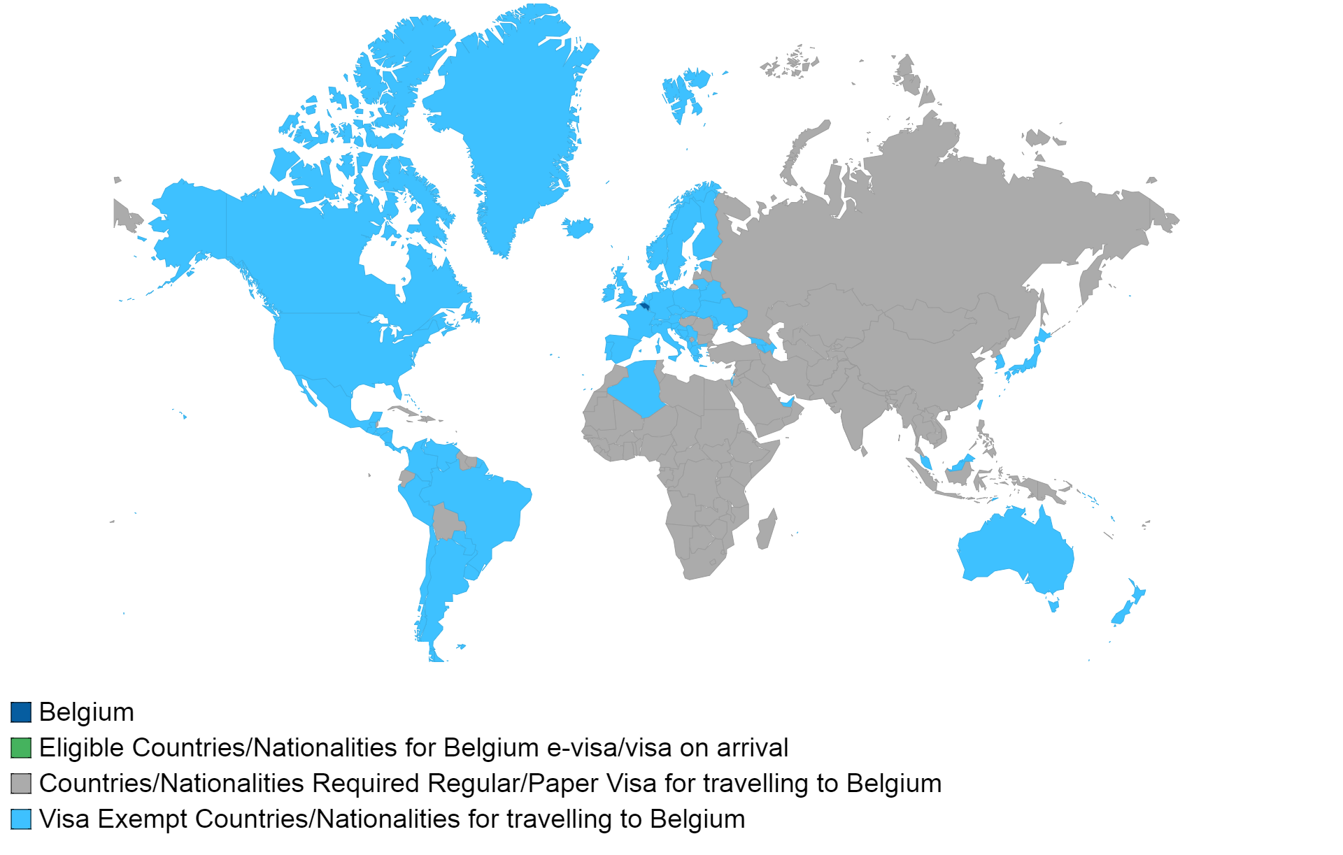 Belgian visa policy map.