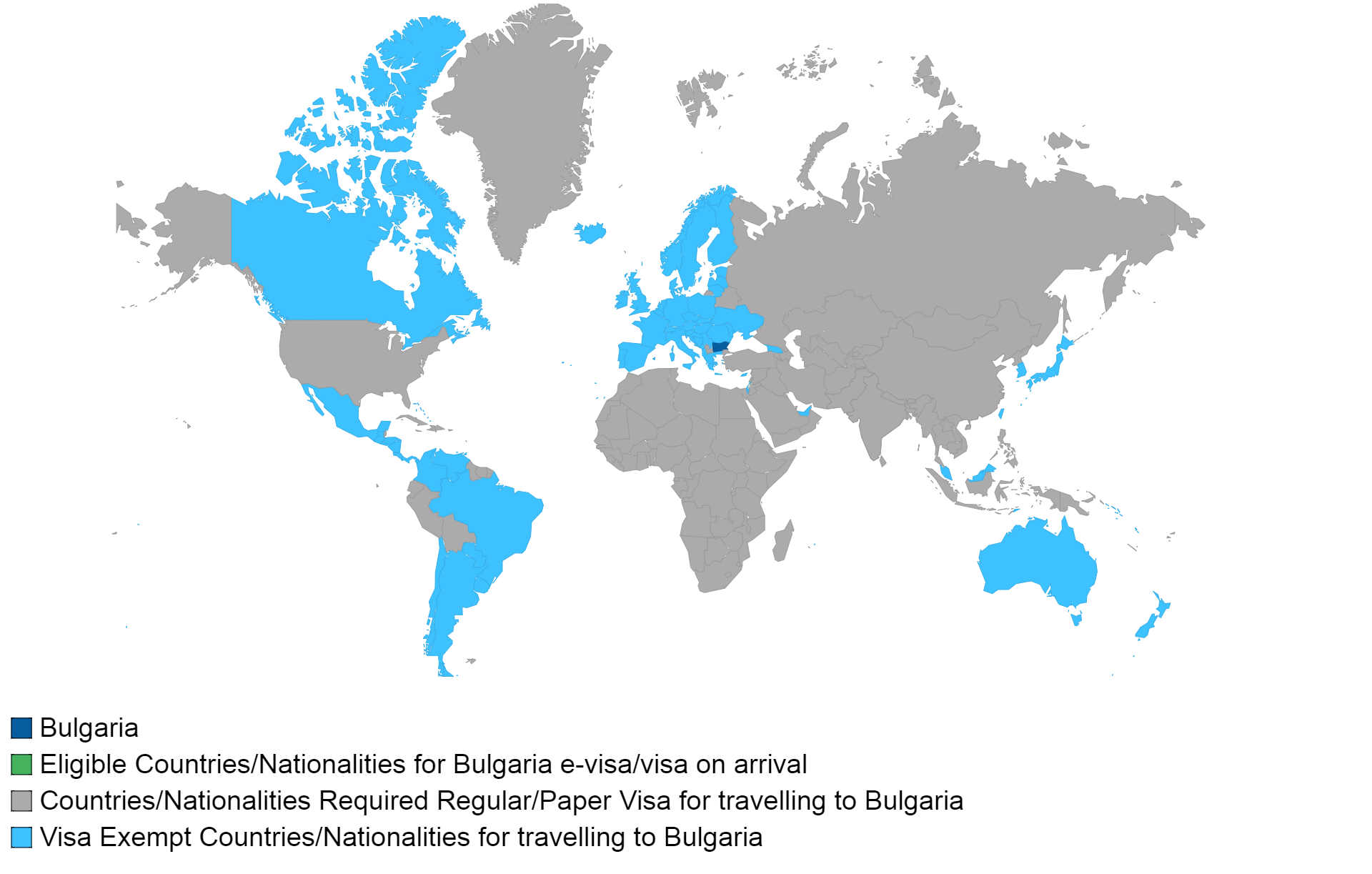 Bulgarian visa policy map.