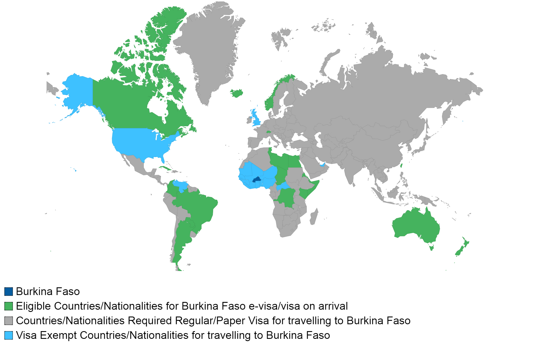 Burkina Faso visa policy map.
