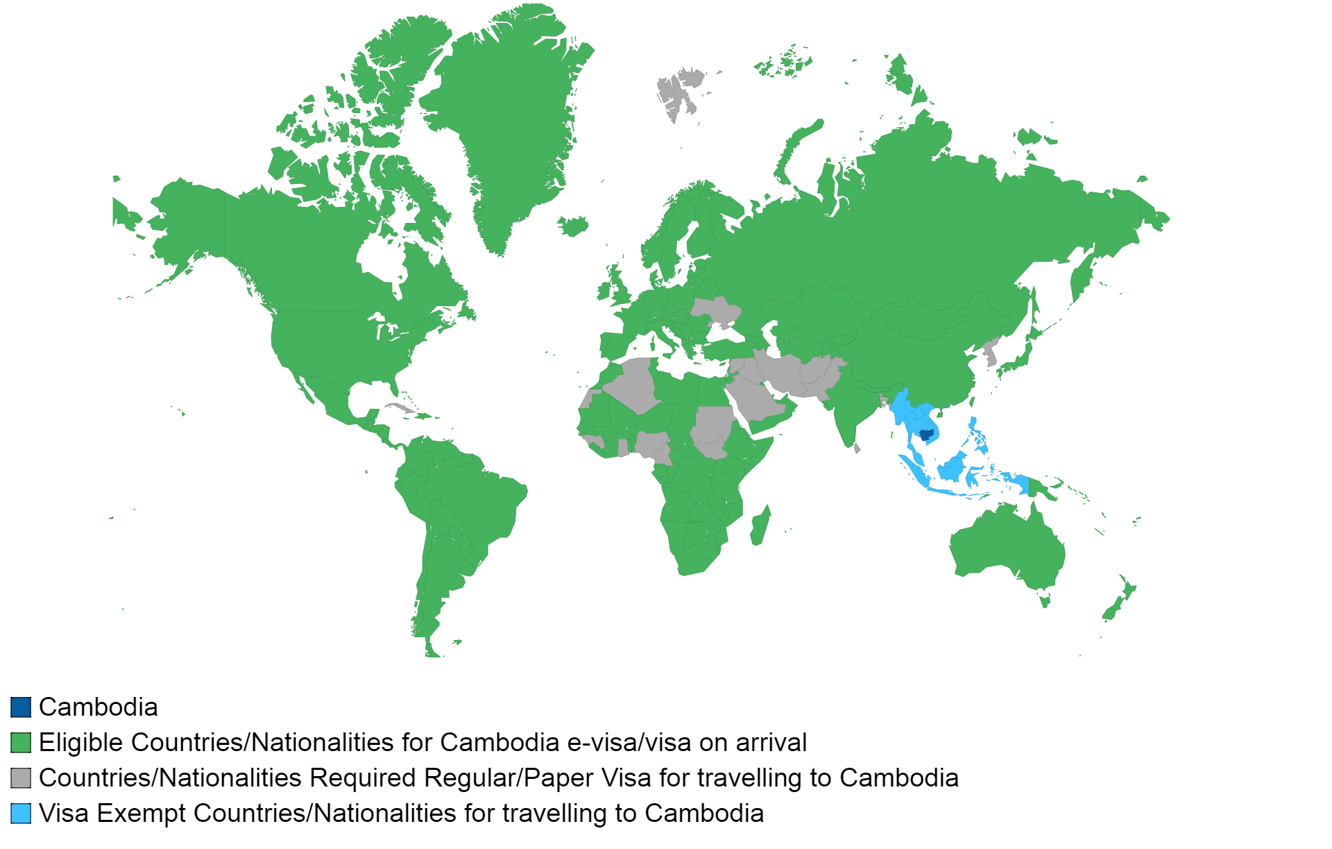 Cambodian visa policy map.