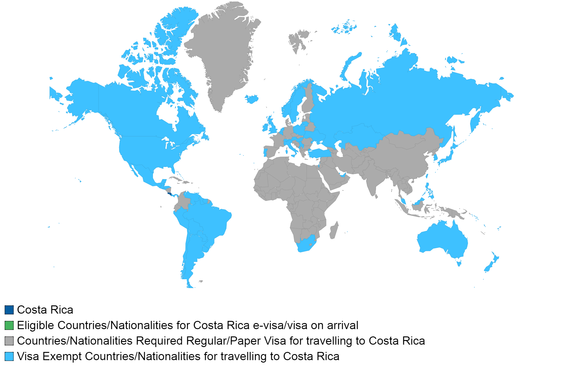 Costa Rican visa policy map.