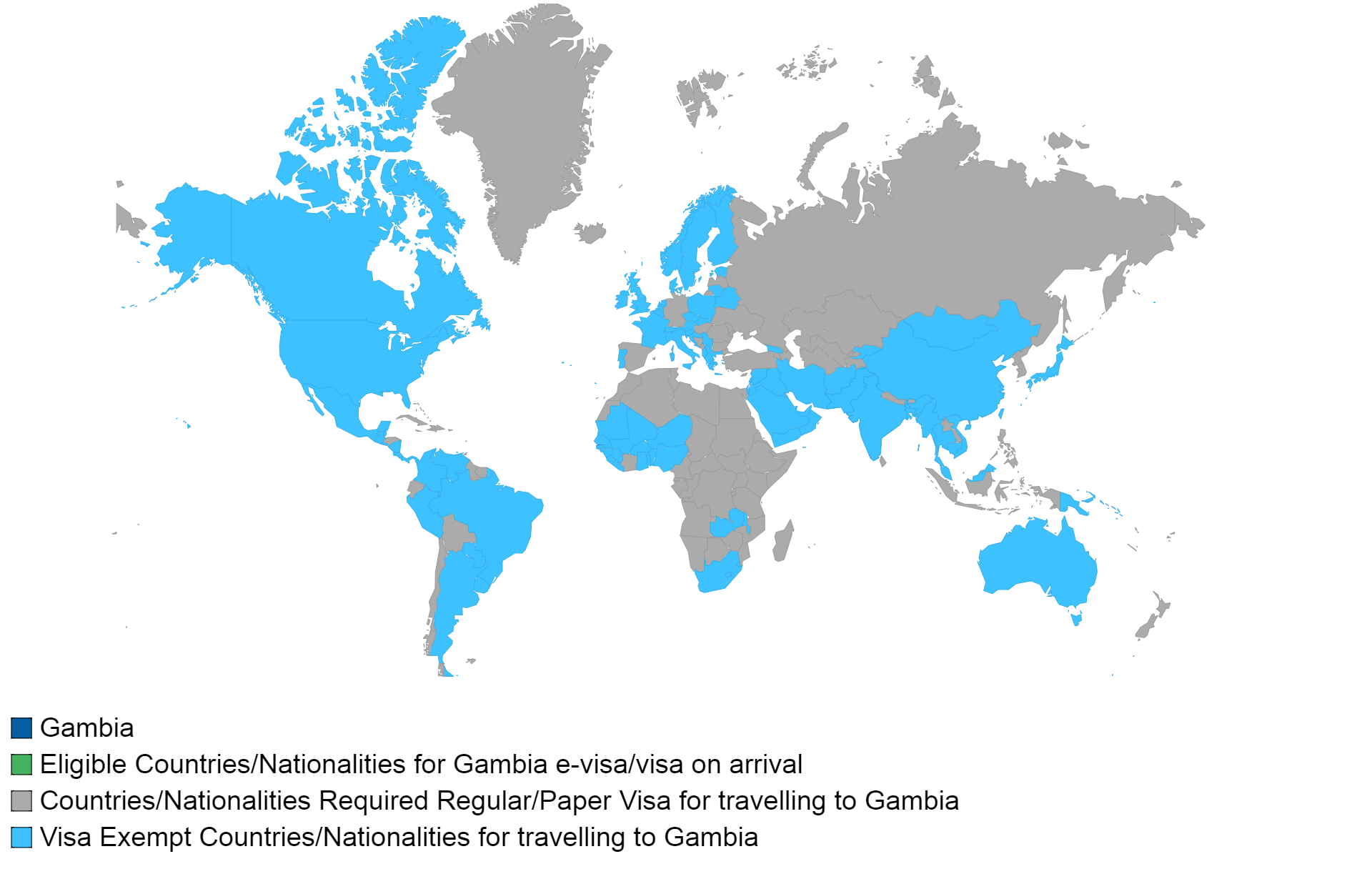Gambian visa policy map.