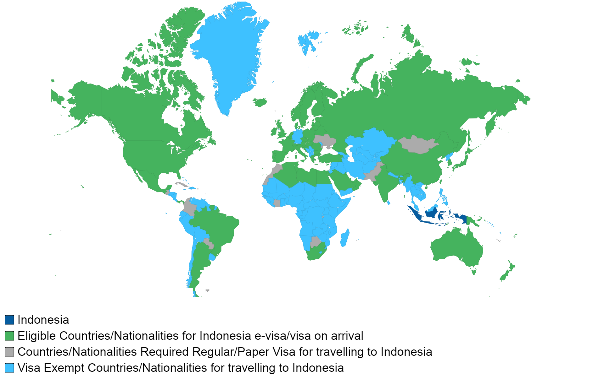 Indonesian visa policy map.