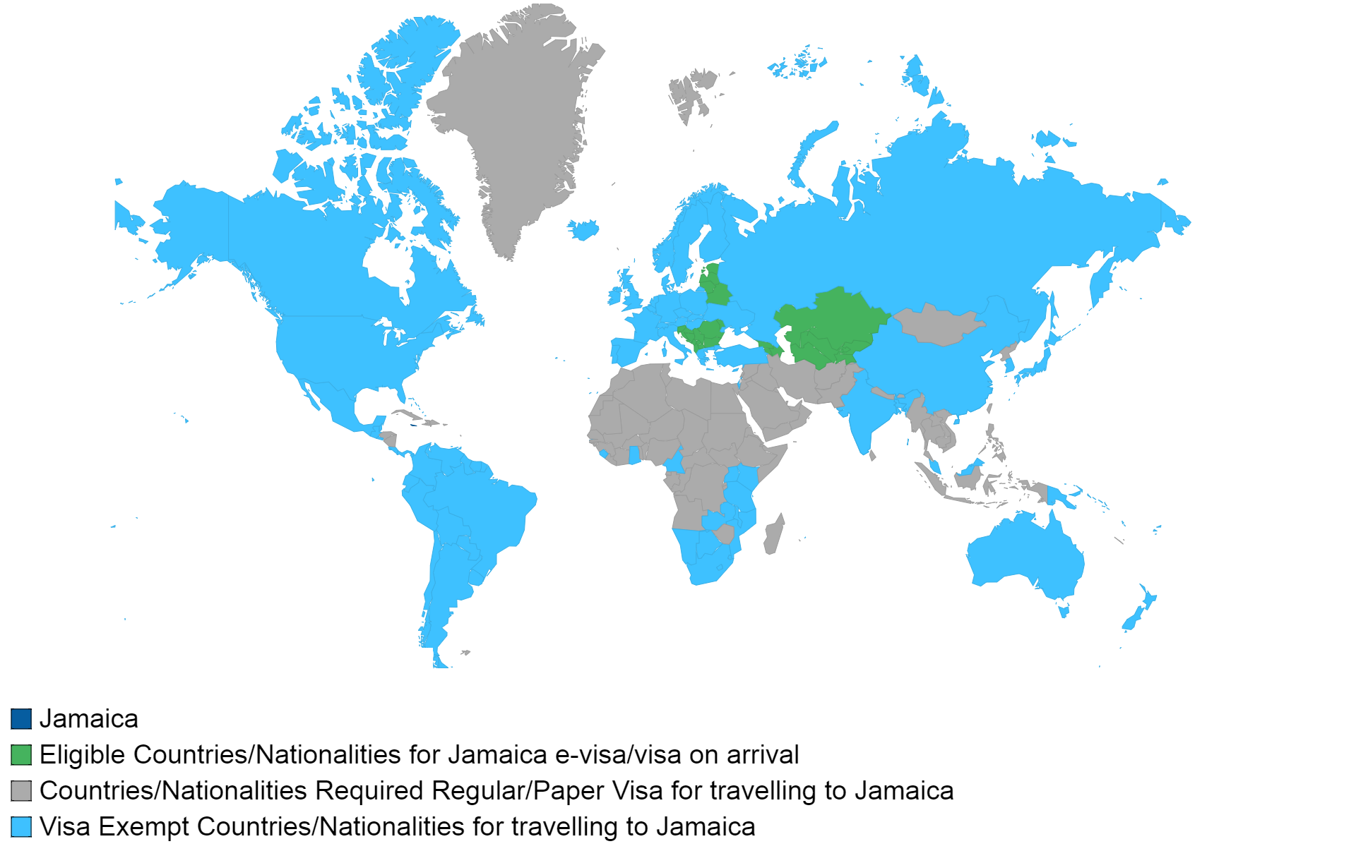 Jamaican visa policy map.