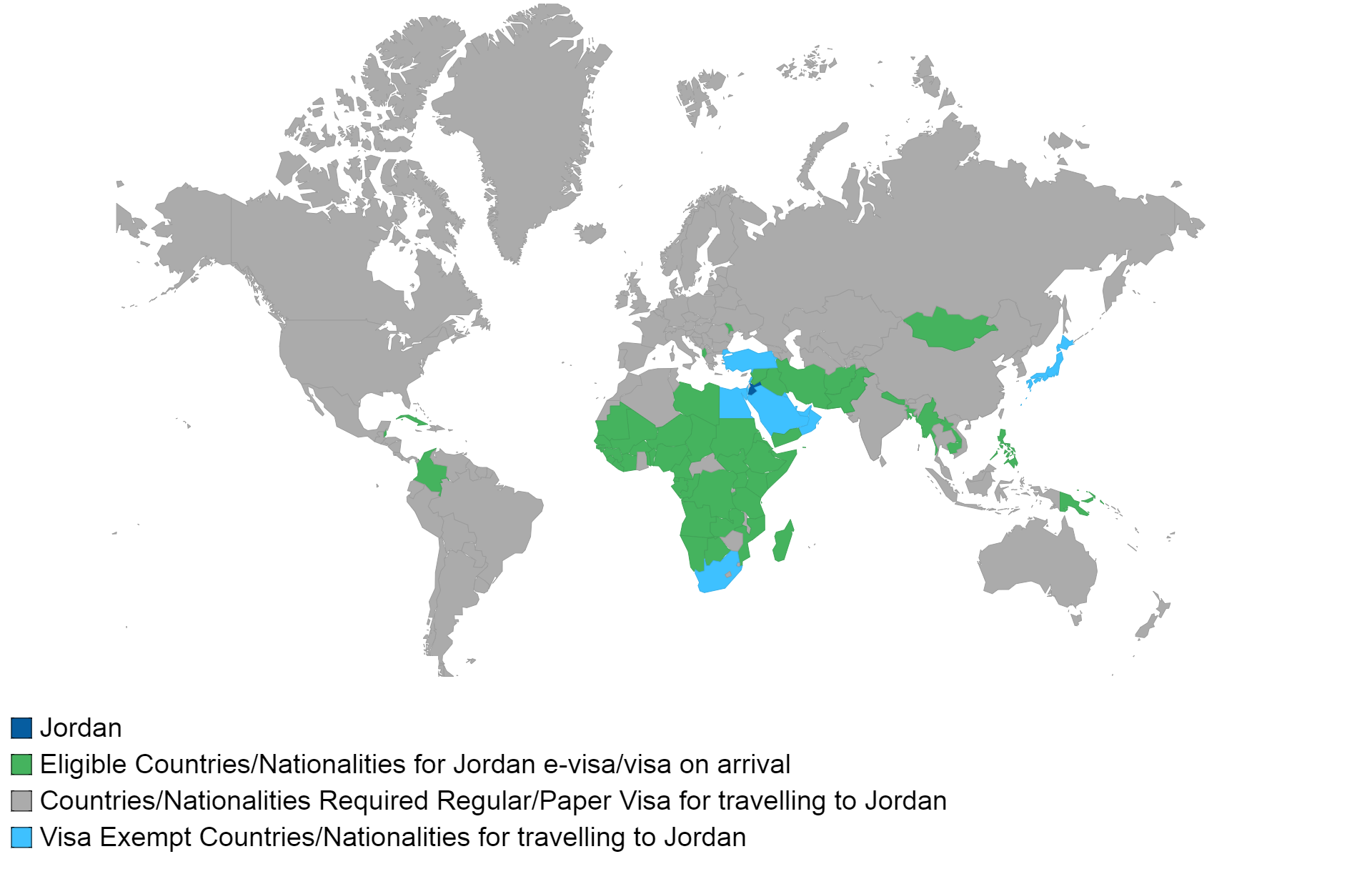 Jordanian visa policy map.
