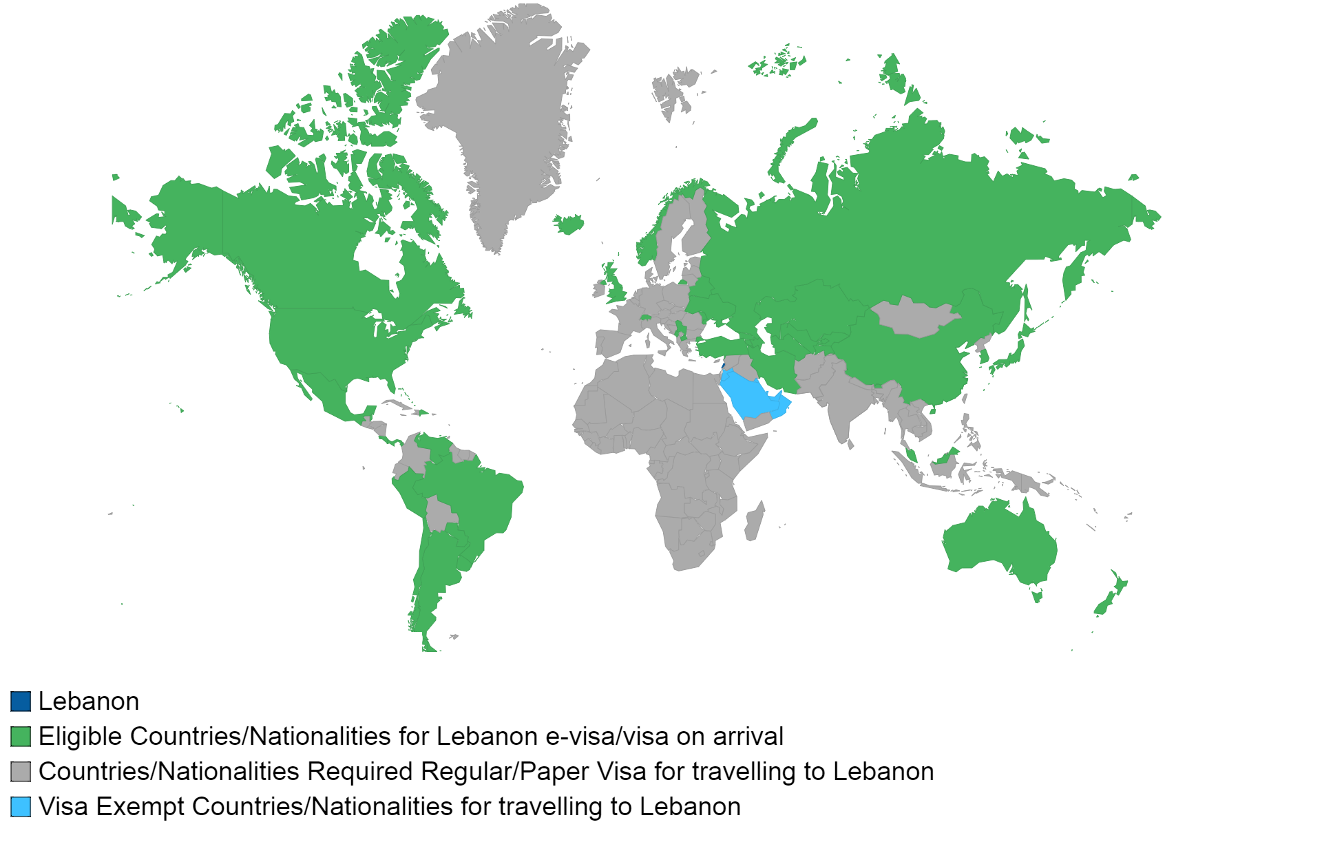 Lebanese visa policy map.