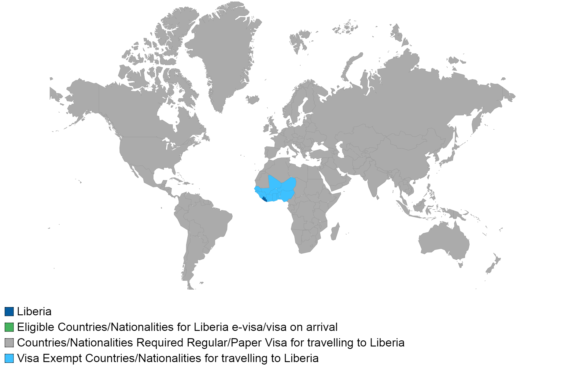 Liberian visa policy map.