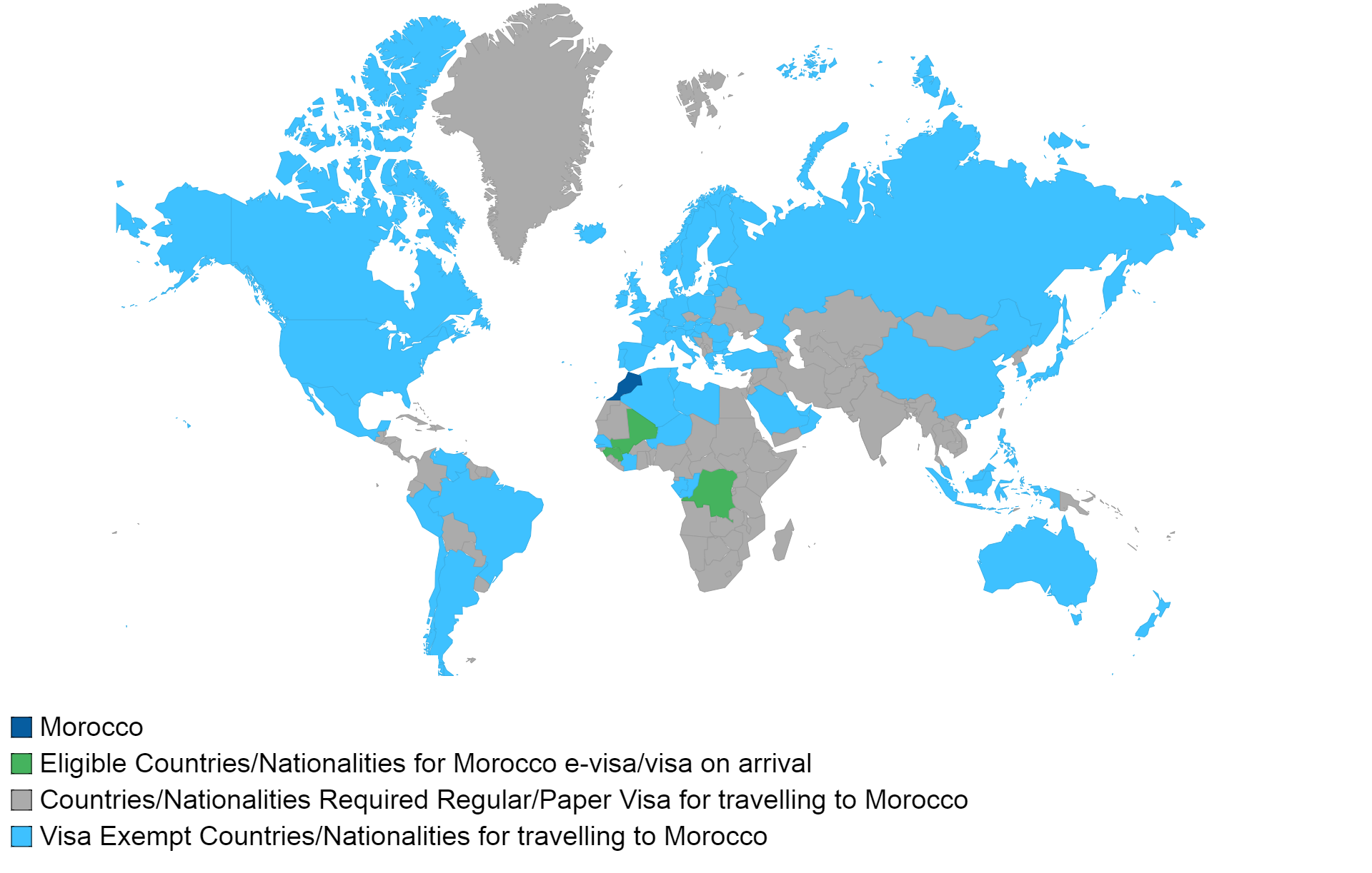 Moroccan visa policy map.