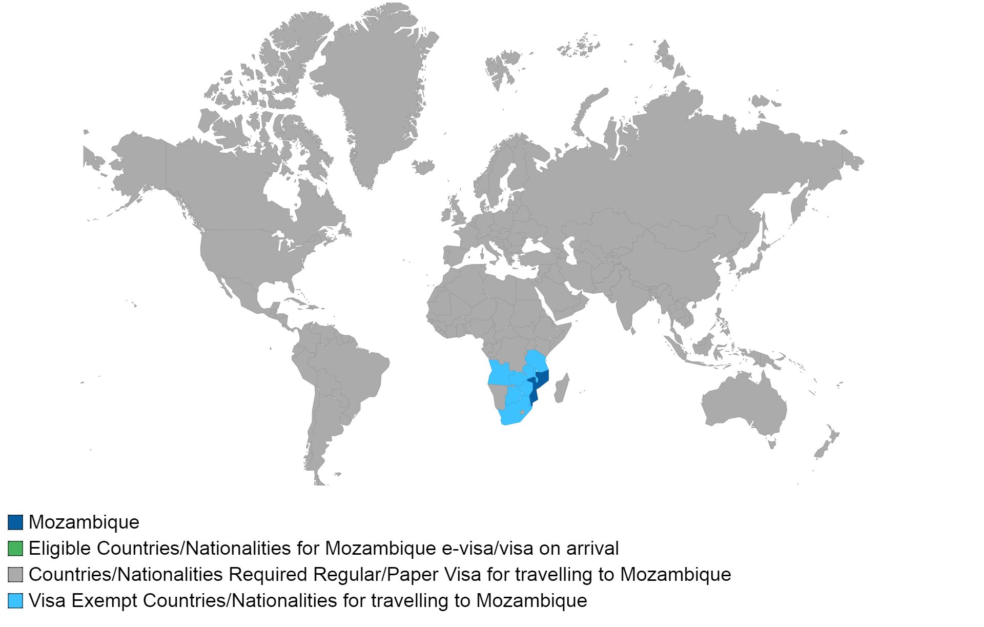 Mozambique visa policy map.
