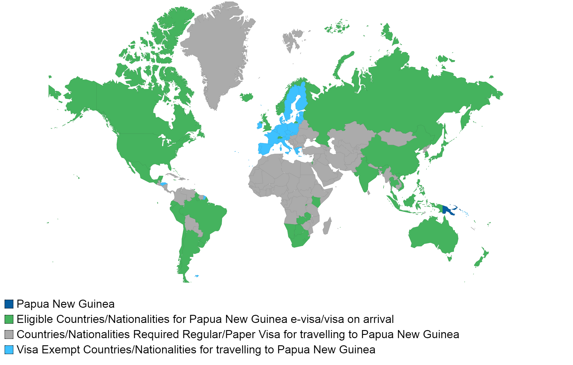 Papua New Guinea visa policy map.