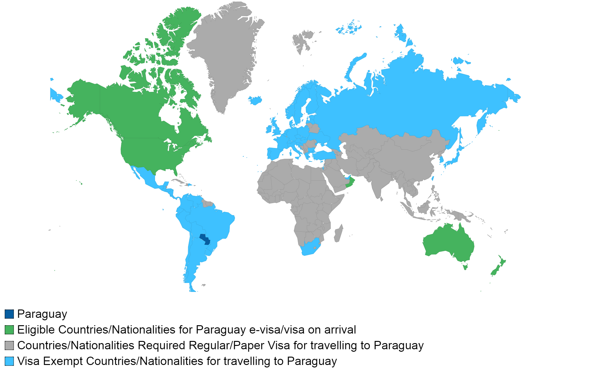 Paraguayan visa policy map.