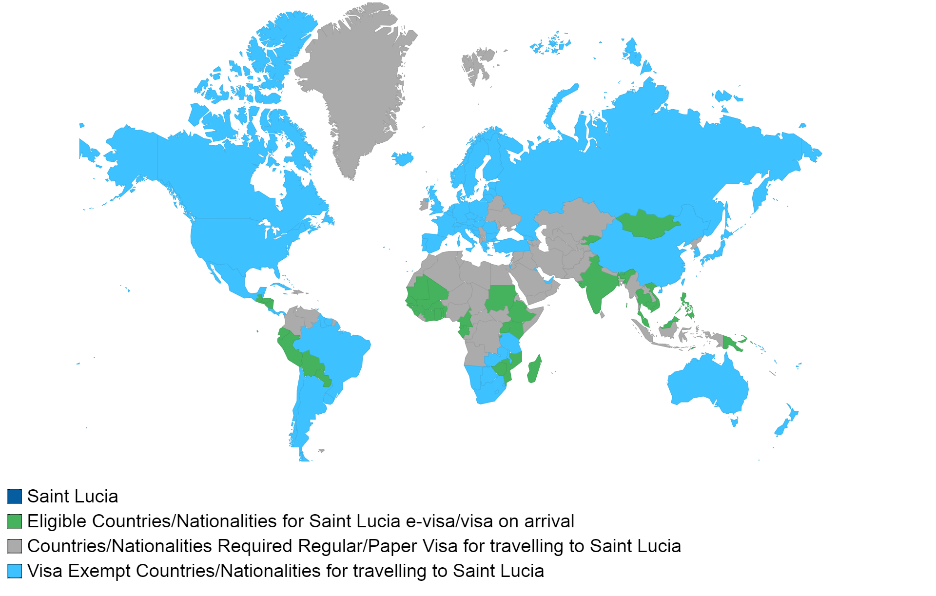 Saint Lucia visa policy map.
