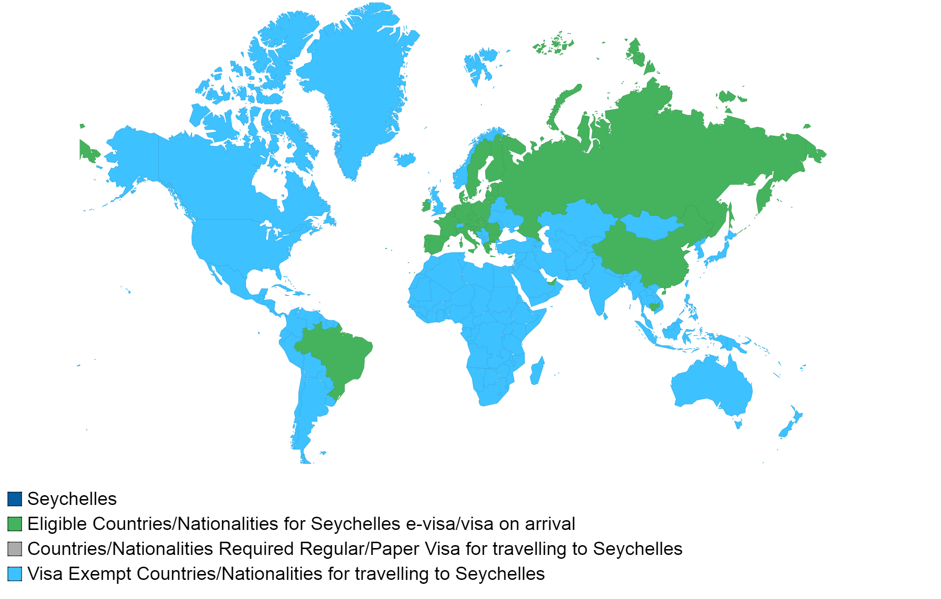 Seychelles visa policy map.