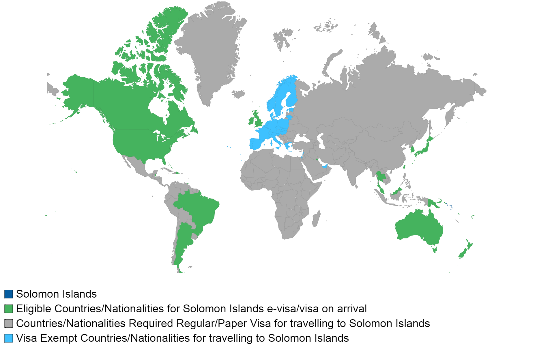 Solomon Islands visa policy map.