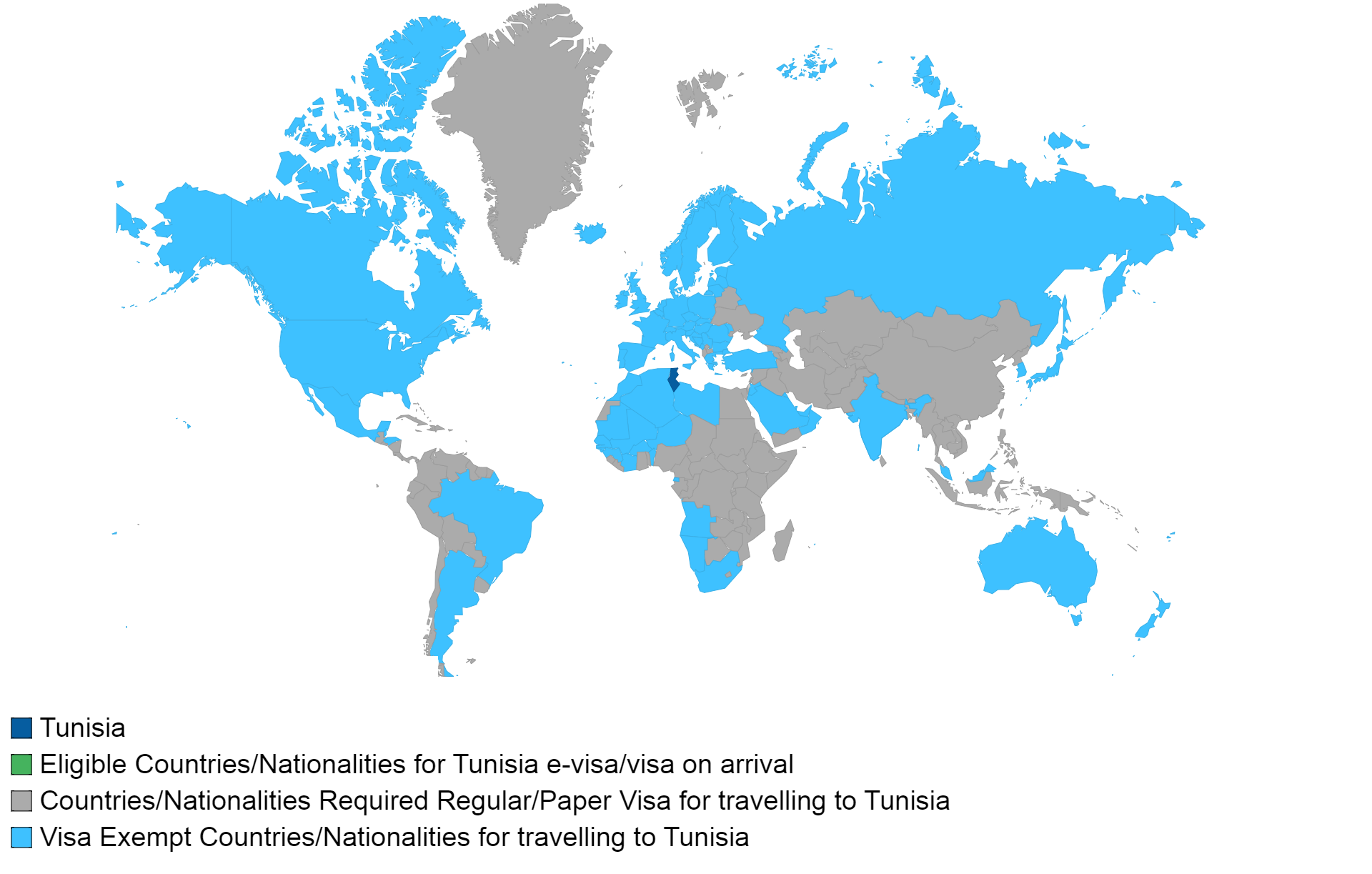 Tunisian visa policy map.