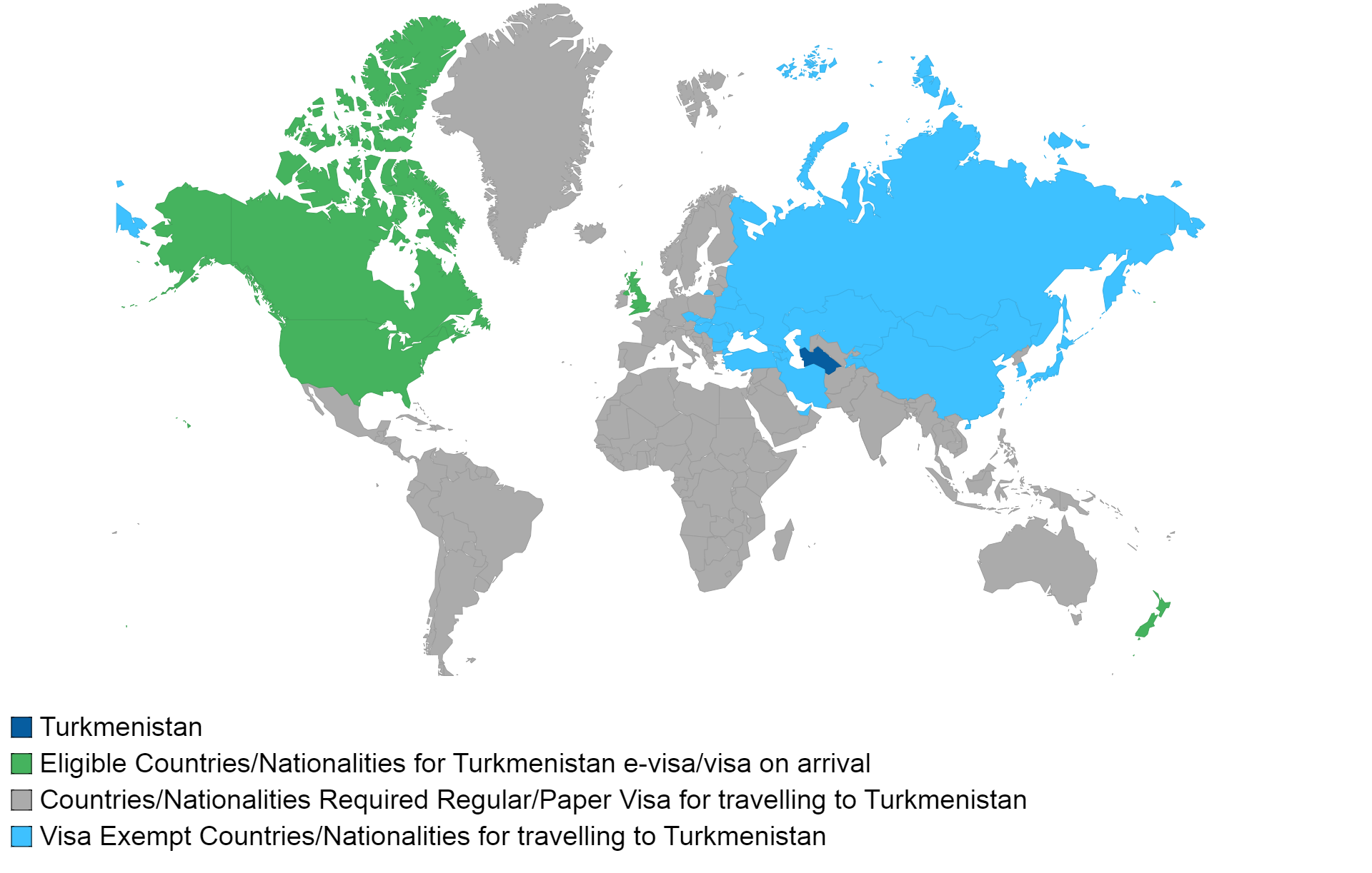 Turkmenistan visa policy map.