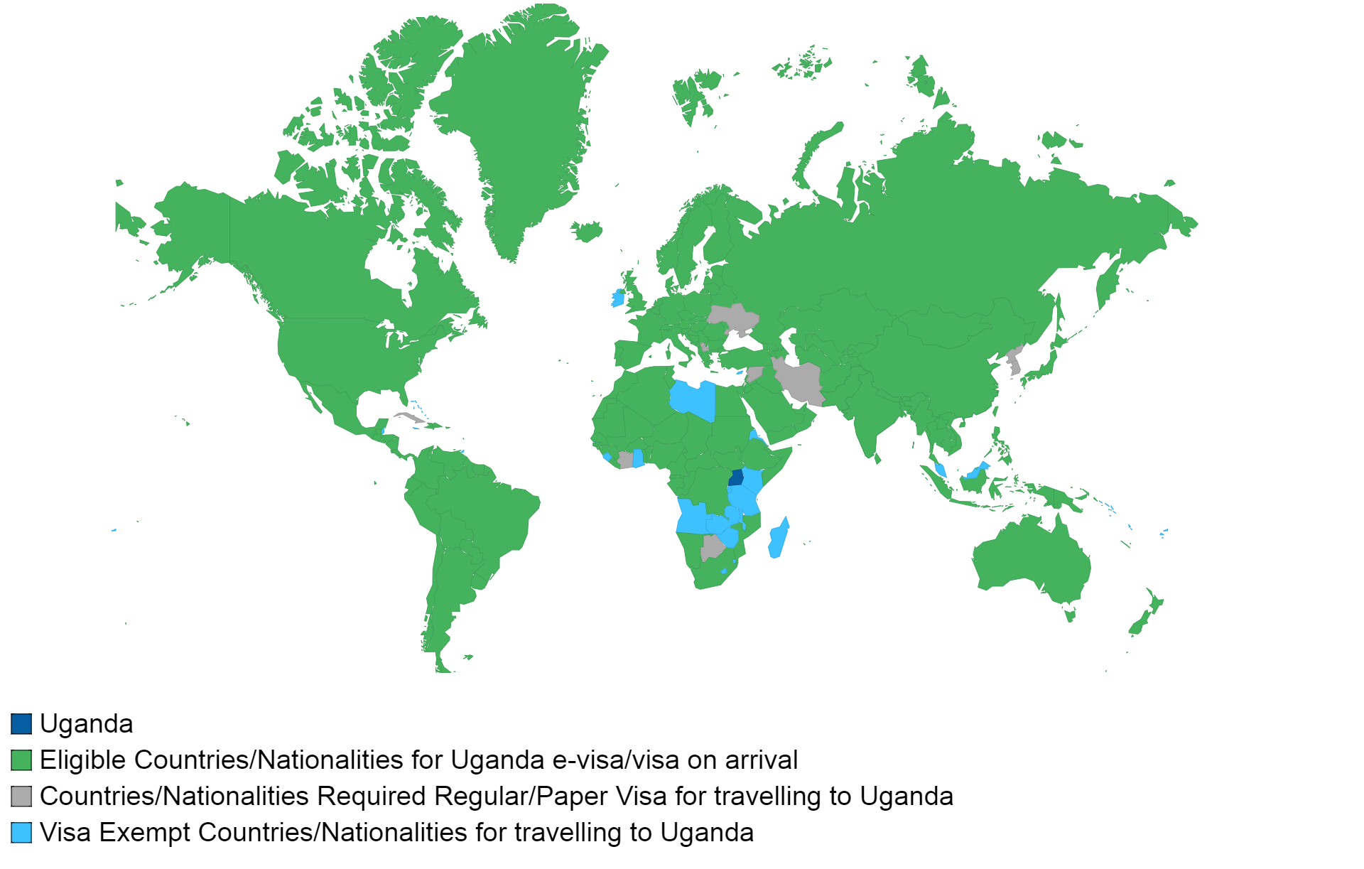 Ugandan visa policy map.