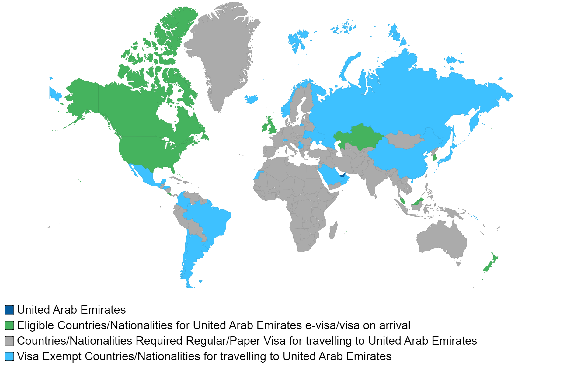 United Arab Emirates visa policy map.