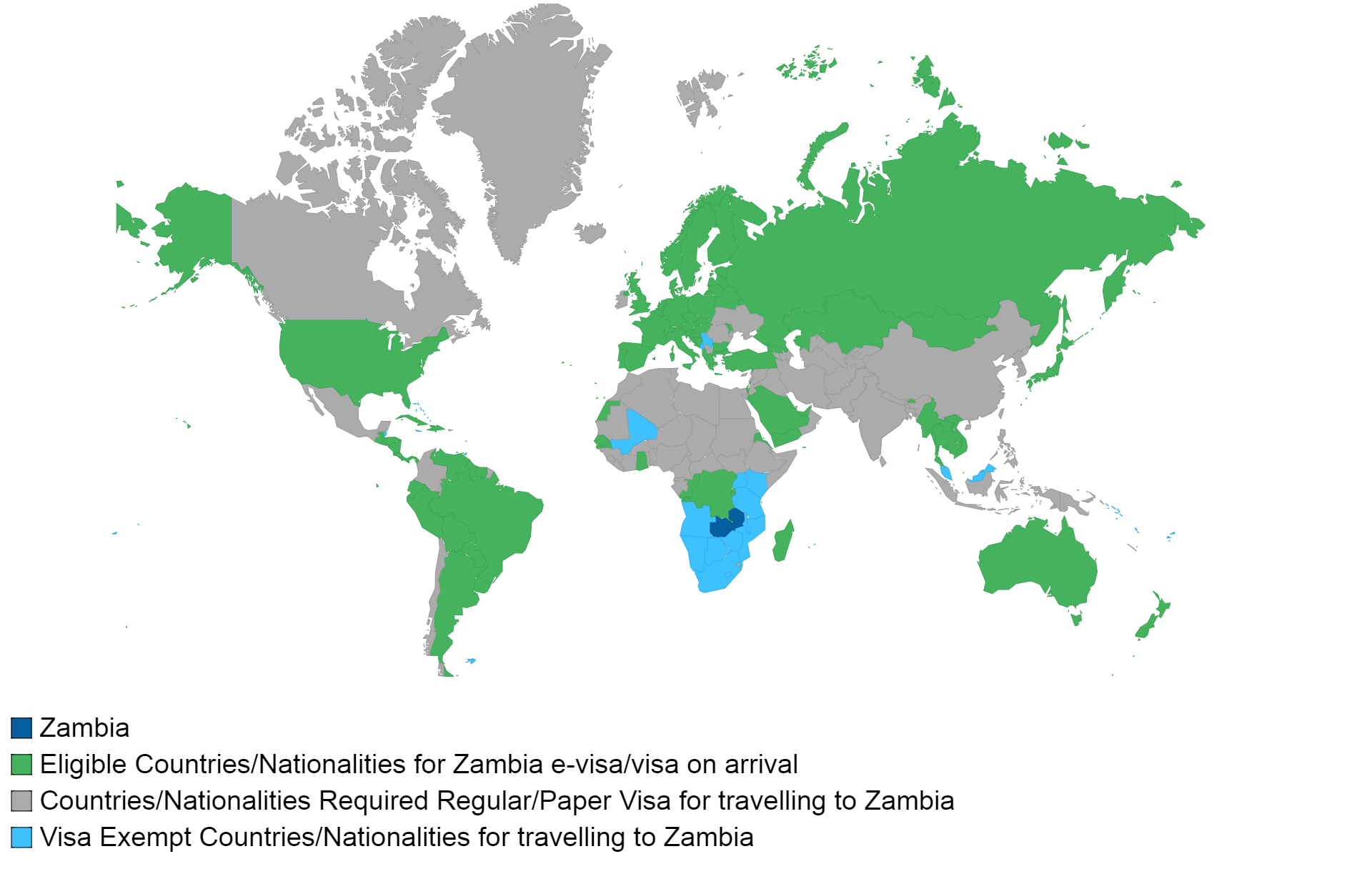 Zambian visa policy map.